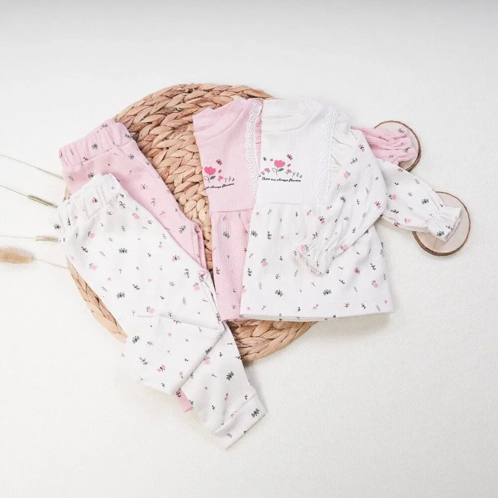 Ribbed Cotton Baby Girl Tunic Set - Flowers CREAM